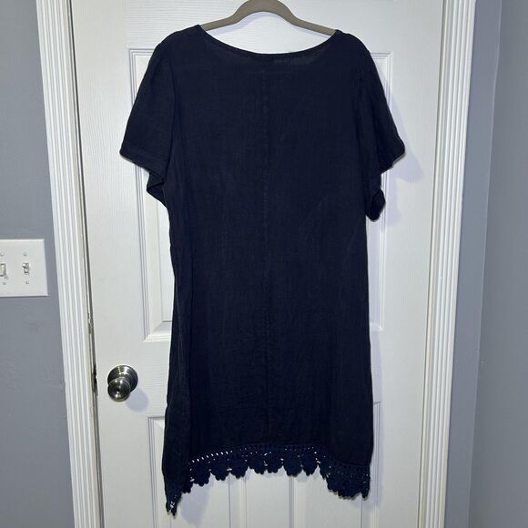 Bellambra Dress Womens 1X Blue Linen Crochet Hem Made In Italy Tunic Knee Length - Picture 8 of 9